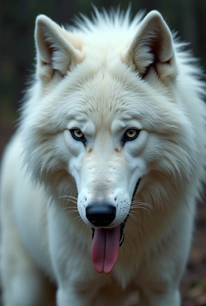 White wolf furry with soft fur being penetrated by 2 rubber  