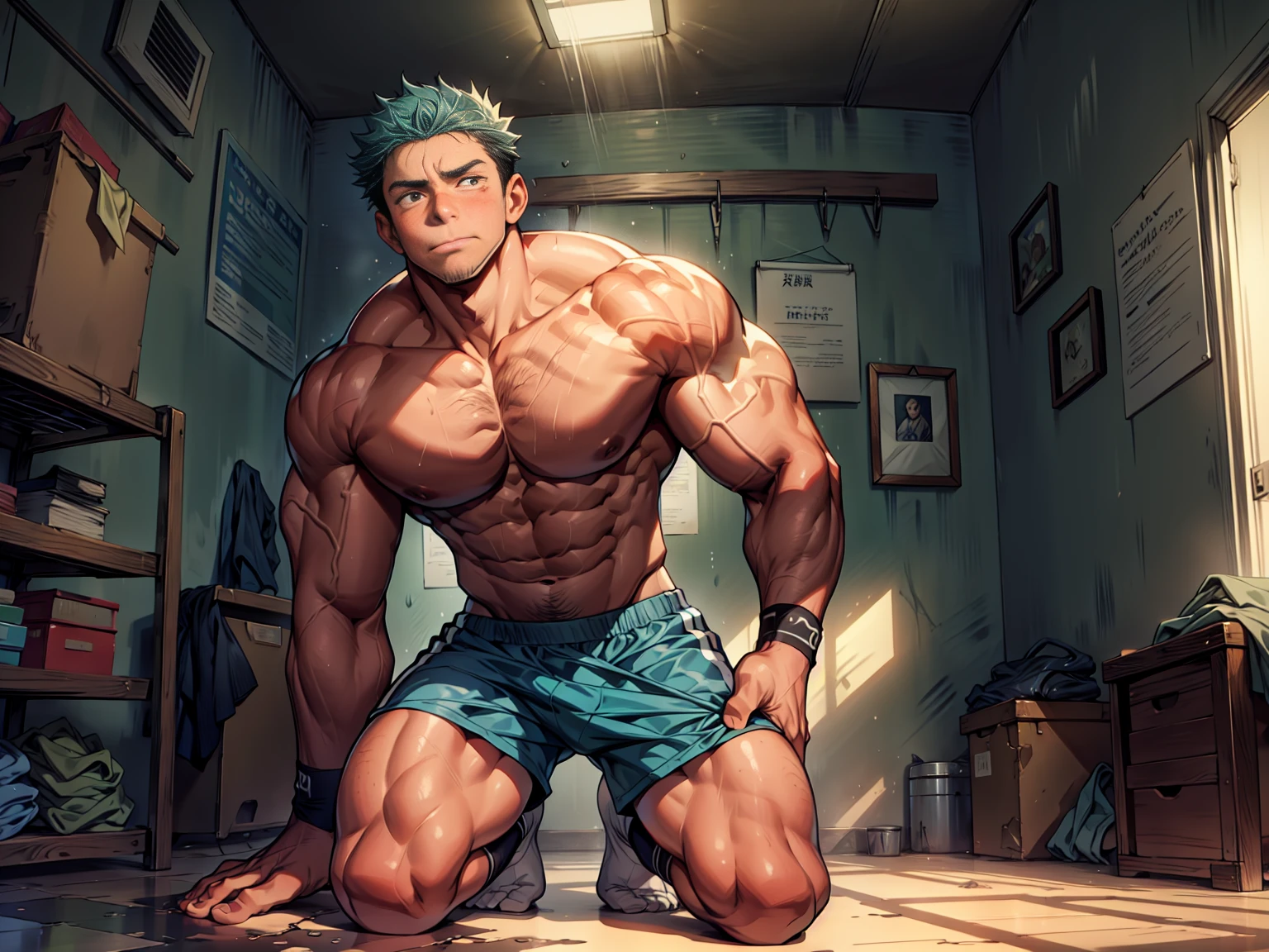 (A male athlete,)(In a small room,Desaturated teal walls,The room is paved with soft seamless gray-blue bricks,Dirty clothes piled on the floor in the room,)(He radiates,Topless,No shirt,Wrists wrapped with cloth,Wearing blue-green sports shorts,Socks are torn,Socks showing toes,)(Shy expression,Blushed,Standing helplessly,Hand drooping,Knee slightly bent,Half of the body,Lift up your trouser legs with your hands,)(Shot from below,full-body shot,)(White skin,Very high,muscular,Broad shoulders, Huge muscles, muscular的,pectoralis major, strong身体, Well-developed arm muscles, muscular的身体, Chest muscle expansion, 8 Pack Abs, strong,)