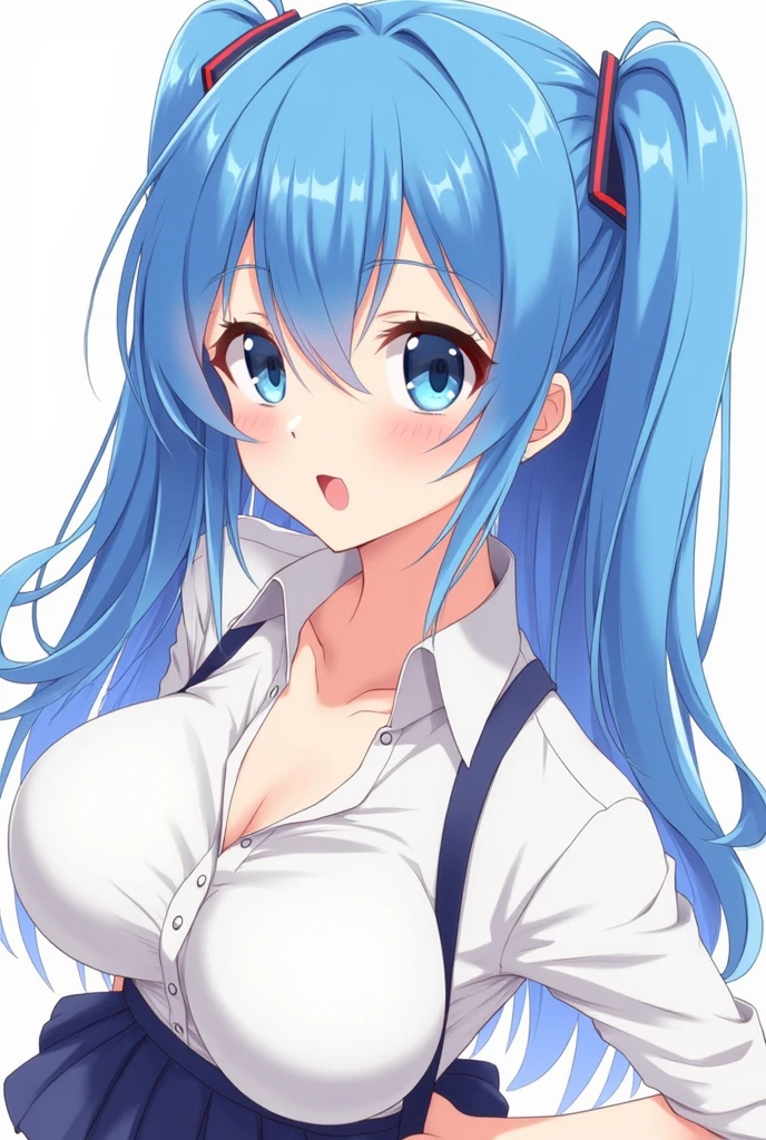 Blue hair, blue eyes, big breasts, anime girl, cute, bright, cheerful