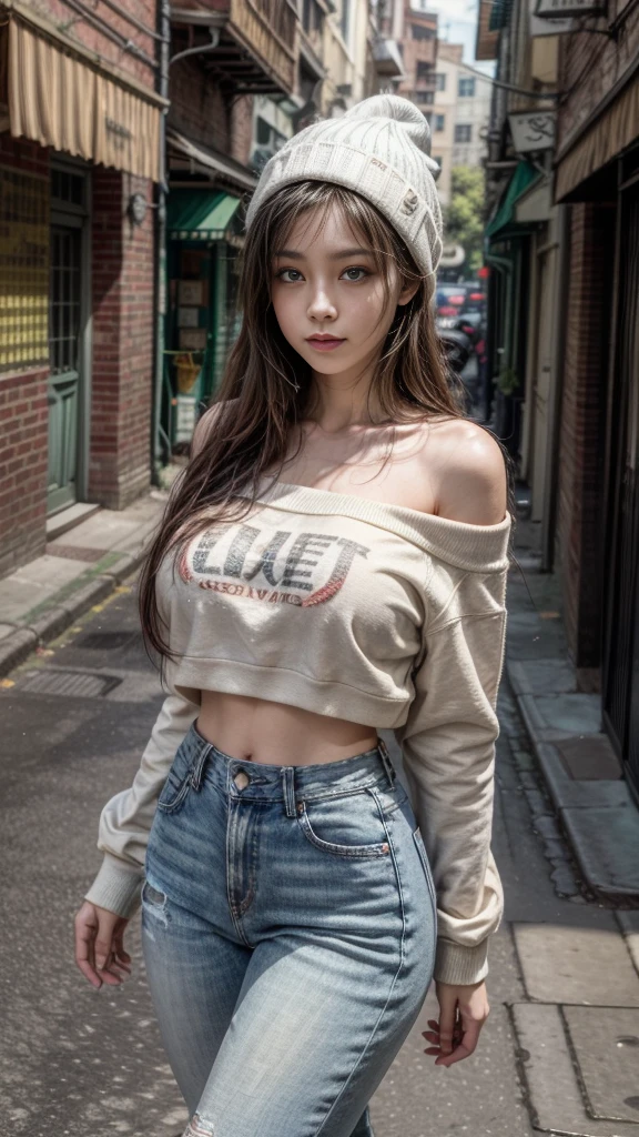 (best quality, masterpiece:1.2), perfect body, full body, slim waist, huge breasts, off-shoulder printed sweatshirt, beanies, jeans, quiet alley, vibrant, beautiful natural scenery