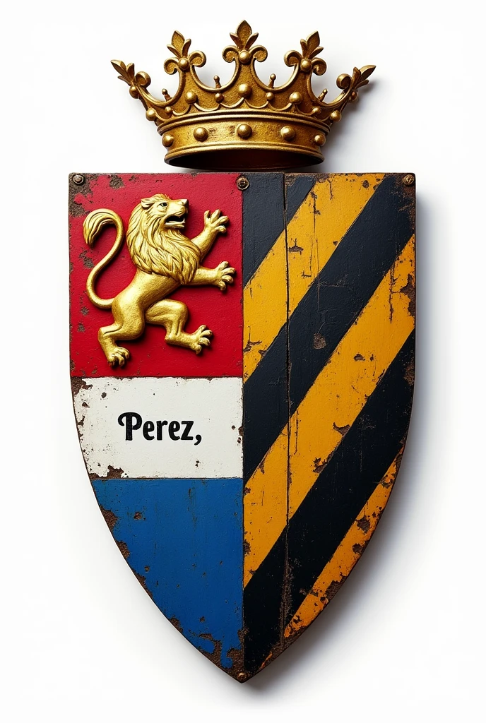 a shield divided into three vertical sections. In the first section (left), Place a golden rampant lion on a red background to represent "From Leon". In the middle section, uses a white field with a diagonal blue band, adding details to symbolize "Perez". In the right section, shows black and gold stripes for "Hernandez". Add a motto below the shield that says "Hernandez Perez From Leon" and over all this places a crown (all with a less and more rough style)