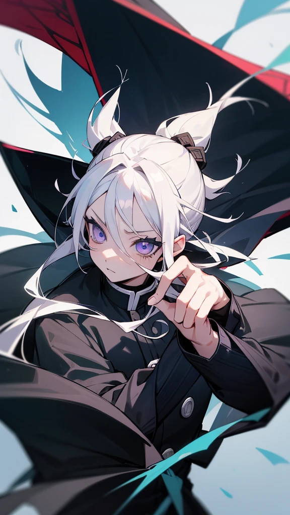 Screenshot from Kimetsu no Yaiba I want you to make a girl with white hair and black tips.
with one grey eye and the other blue with most of it white.
that he wears a black Kimetsu no Yaiba hunter uniform and a navy blue cape and various ice and dragon decorations