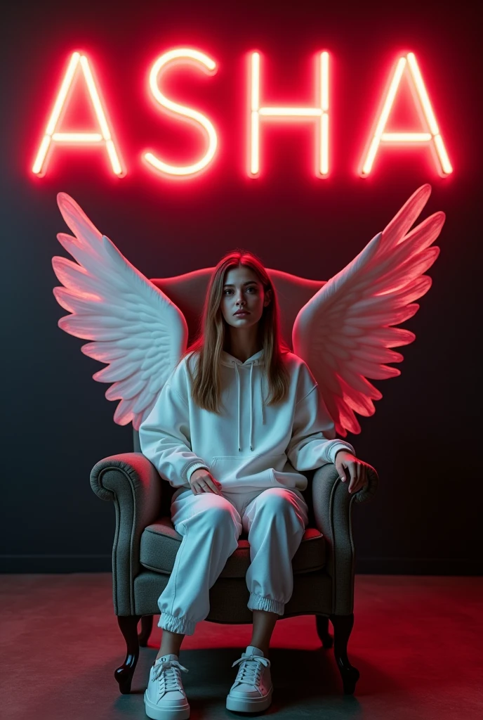 Create a 3D illusion for a profile picture where a 25 Year old girl in a white hoodie Sitting casually on a Wingback Chair. Wearing sneakers, a white, She looks ahead. The background features "Asha" in big and capital red neon light fonts on the black wall. There should not be his shadow, and there are wings to make it appear as if he is an angel.