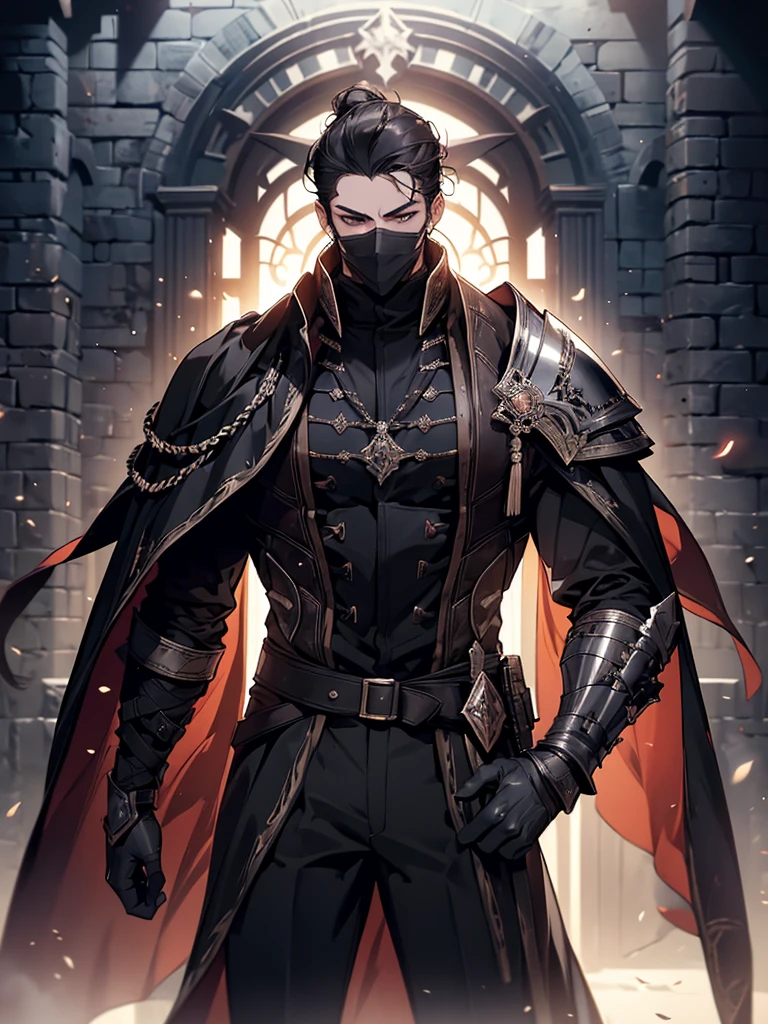 (masterpiece, high quality, cinematic lighting, backlighting, sharp colors)
Tall muscular young man, black hair tied in a bun, dark eyes, compact muscles. Face hidden by a full iron mask, expressionless. Wears medieval robe, leather shirt and pants, armor plates on vital areas. Dark crime scene background, shadowy atmosphere.
