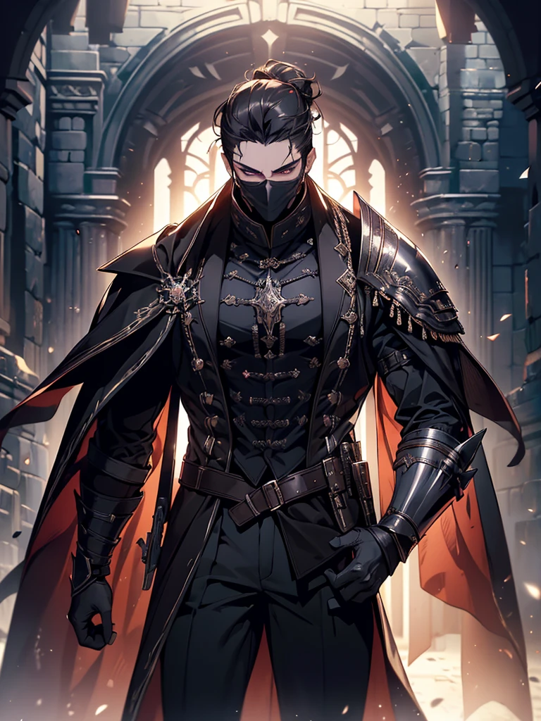 (masterpiece, high quality, cinematic lighting, backlighting, sharp colors)
Tall muscular young man, black hair tied in a bun, dark eyes, compact muscles. Face hidden by a full iron mask, expressionless. Wears medieval robe, leather shirt and pants, armor plates on vital areas. Dark crime scene background, shadowy atmosphere.
