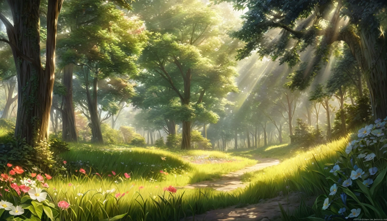 a beautiful morning landscape, dewy flowers on a country road, anime style, detailed foliage, lush greenery, golden sun rays, soft lighting, serene atmosphere, picturesque scenery, (best quality,4k,8k,highres,masterpiece:1.2),ultra-detailed,(realistic,photorealistic,photo-realistic:1.37),vibrant colors, cinematic composition, dreamlike, pastoral, impressionistic