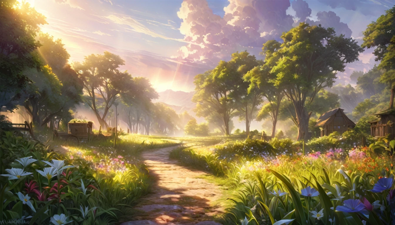 a beautiful morning landscape, dewy flowers on a country road, anime style, detailed foliage, lush greenery, golden sun rays, soft lighting, serene atmosphere, picturesque scenery, (best quality,4k,8k,highres,masterpiece:1.2),ultra-detailed,(realistic,photorealistic,photo-realistic:1.37),vibrant colors, cinematic composition, dreamlike, pastoral, impressionistic