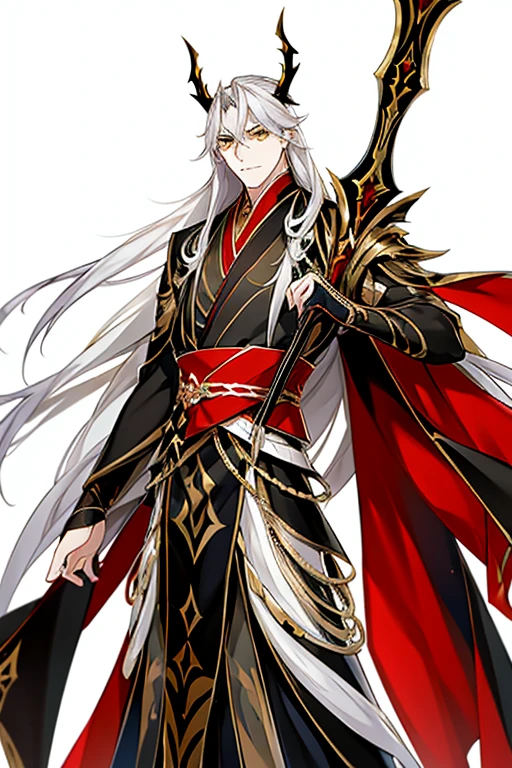 A handsome man with long white hair and yellow eyes, wearing a black shirt, black suit, and a Hanfu with red dragon patterns and gold edges that highlight the aura of a leader. He has golden horns and is standing while looking at the camera, holding a black halberd. Best quality, masterpiece, with detailed face drawing, complete with two arms and two legs, manhua character.