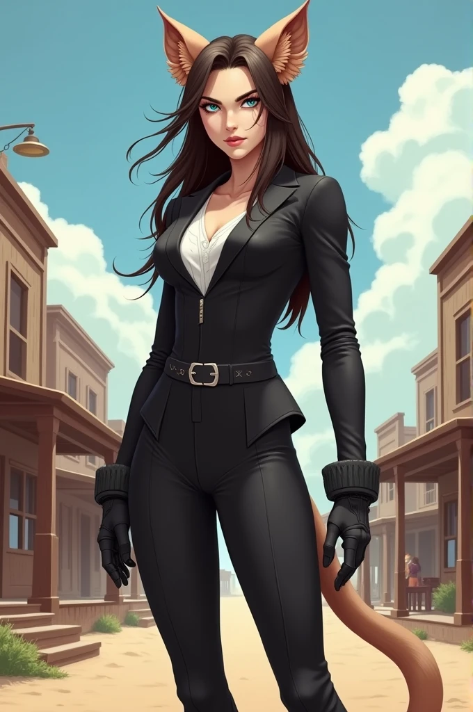 Pale skinned cowgirl with lioness ears and tail, long dark brown hair, silver eyes, in a black suit in a cowboy town, estilo 2d