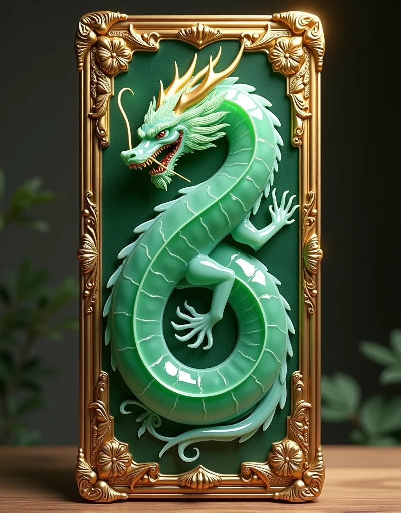 this is a futuristic card game toy, 1 card, palm-sized card, ((card with full LCD screen, 2D jade oriental dragon displayed on screen))), golden baroque Decorated card frame, (masterpiece, 4K, highest quality: 1.9, perfect anatomy: 2.0, high resolution, perfect bright lighting, clearly drawn face, detailed body),