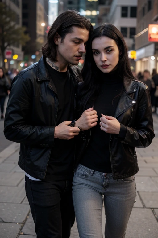 Handsome thin White man, 38 years old,  goth long black hair, muscular lean body, deep gray eyes, wearing a black jacket, black shirt and black jeans, holding hands with girlfriend 