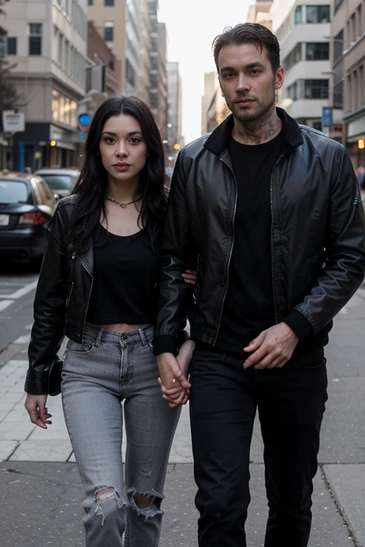 Handsome thin White man, 38 years old, goth long black hair, muscular lean body, deep gray eyes, wearing a black jacket, black shirt and black jeans, with shorter girlfriend, both on a picnic