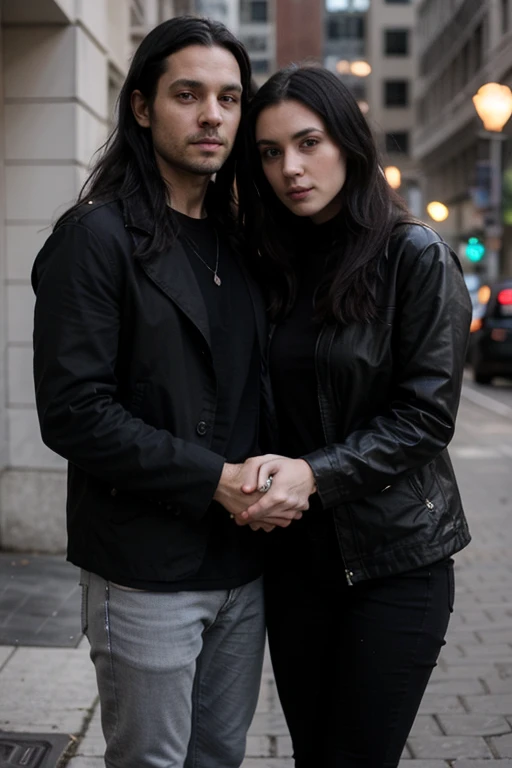 Handsome thin White man, 38 years old, goth long black hair, muscular lean body, deep gray eyes, wearing a black jacket, black shirt and black jeans, holding hands with girlfriend
