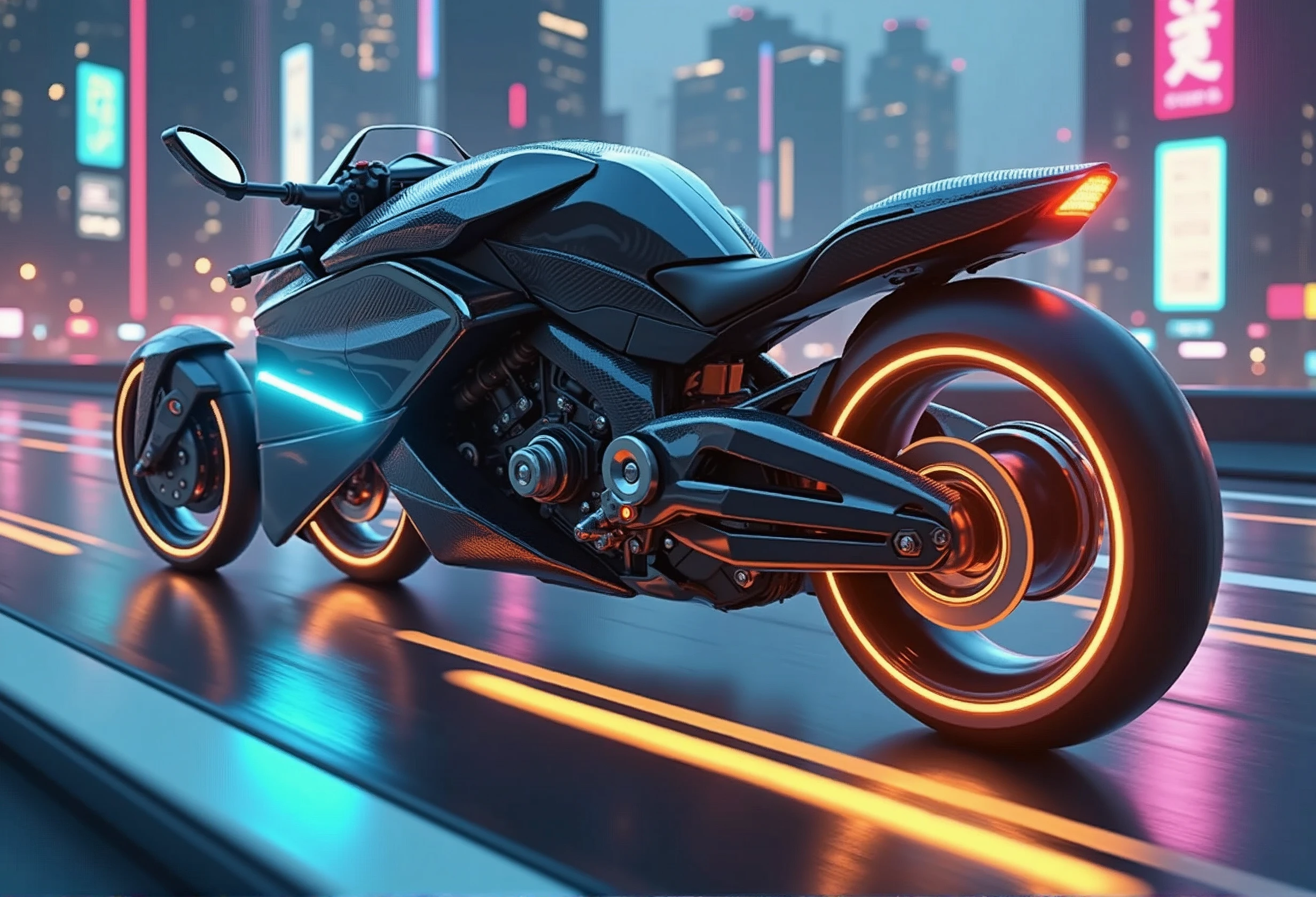 A sleek, futuristic motorcycle with a metallic finish, zooming through a neon-lit cityscape at night.