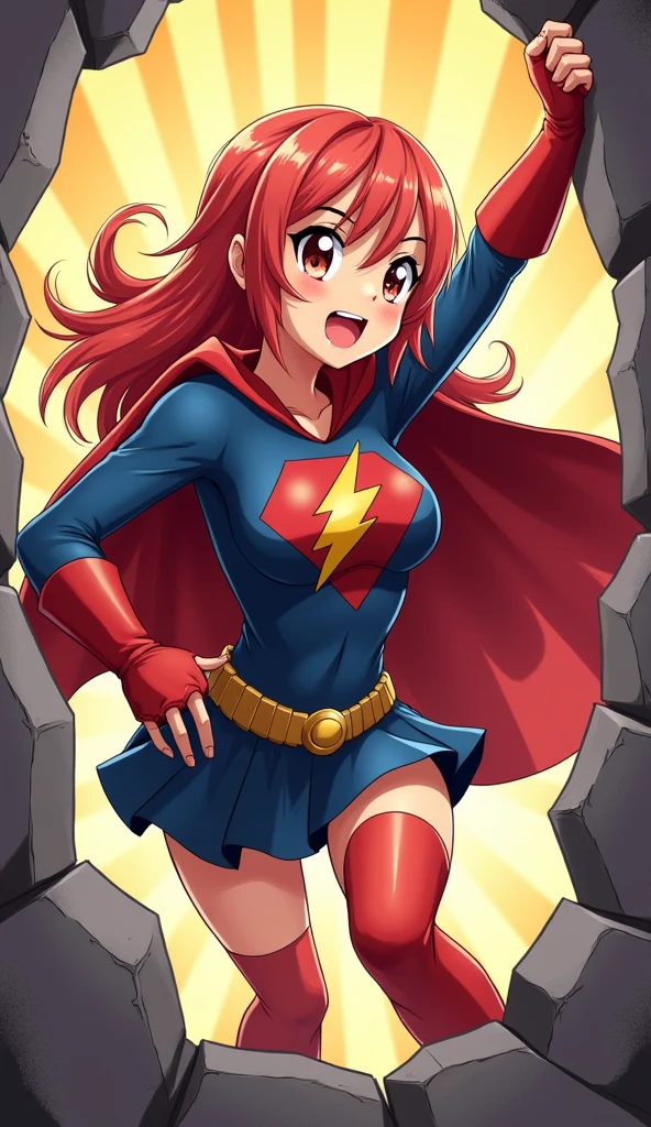 Superheroine anime girl, red cape, lightning bolt symbol, punching through a wall, dynamic pose.