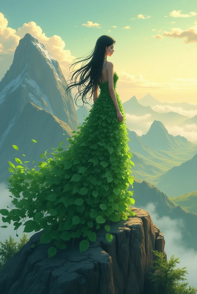 Create an anime image of a queen wearing a green dress made from leaves standing on a mountaintop with her back to the viewer and looking towards a cliff.