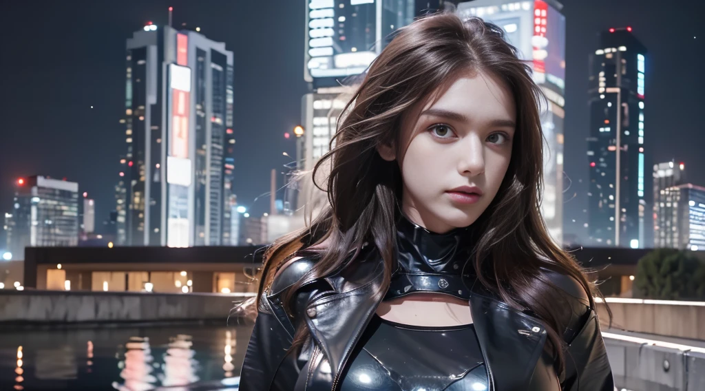 ((masterpiece, best quality, Highest image quality, high resolution, Reality, RAW photos, 8K)), Bustling future city night scene,Girl standing on the roof,Tight leather jacket,Off-shoulder,Large Breasts,Long hair,Pretty face,Closed mouth,dramatic,Upper Body,(midnight)