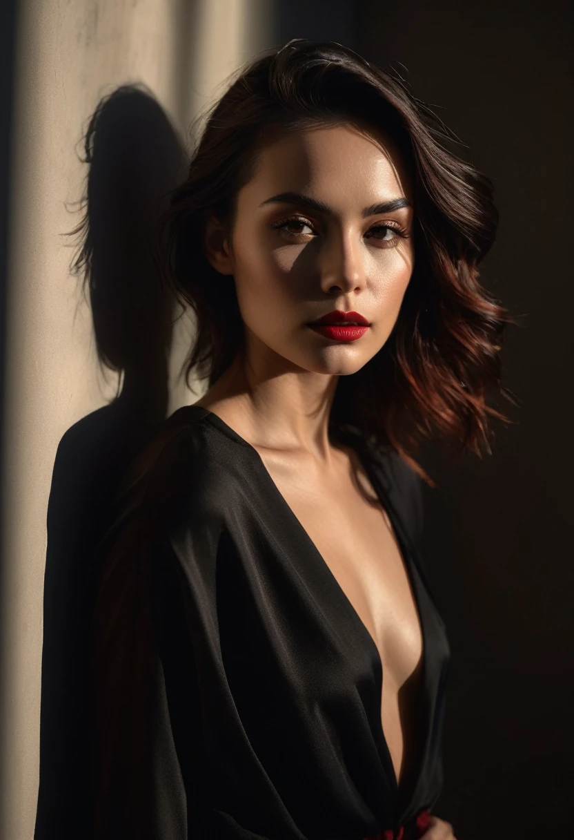 woman bathed in soft light, leaning against a wall, looking into the camera in a moment of raw emotion. Her attire is minimal, accentuating her beauty with the dramatic shadows cast by the lighting. The background is stark, with sharp contrasts highlighting the contours of her form. The red and black palette intensifies the mood, evoking a sense of mystery and allure. Subtle film grain and meticulous shading add depth and texture, emphasizing the emotional gravity of the scene. The lighting creates a chiaroscuro effect, accentuating her expressive pose and the intense atmosphere.