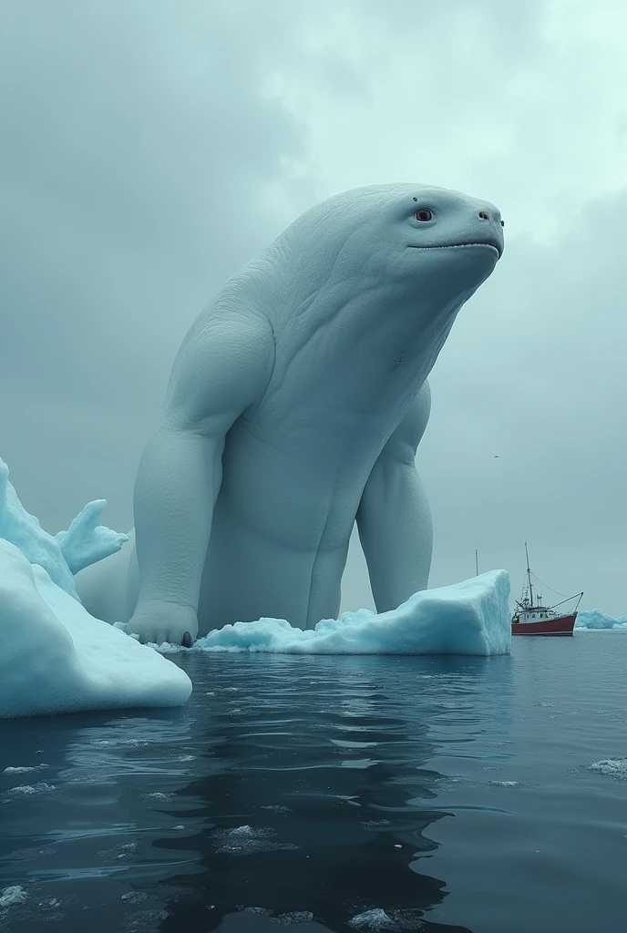 monster, Big body type, Standing in the sea, Smooth surface, the whole body is white, Eyes and nose degenerate, cough, There are small fishing boats around., There are icebergs around, A spectacular sight, heavy atmosphere, Surrealism, Chiaroscuro, Cinema Lighting, Wide Shot, masterpiece, Accurate, Super Detail, Attention to detail, Highest quality