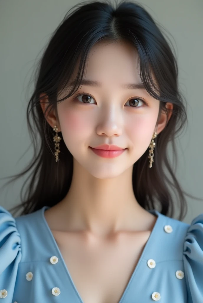 a teenage girl with the medium white skin colour, beautiful Korean eyes, medium length nose,big lips, size eyebrows, small chin,wearing blue colour frock which is medium length and has white spots, small stud earrings, beautiful smile.