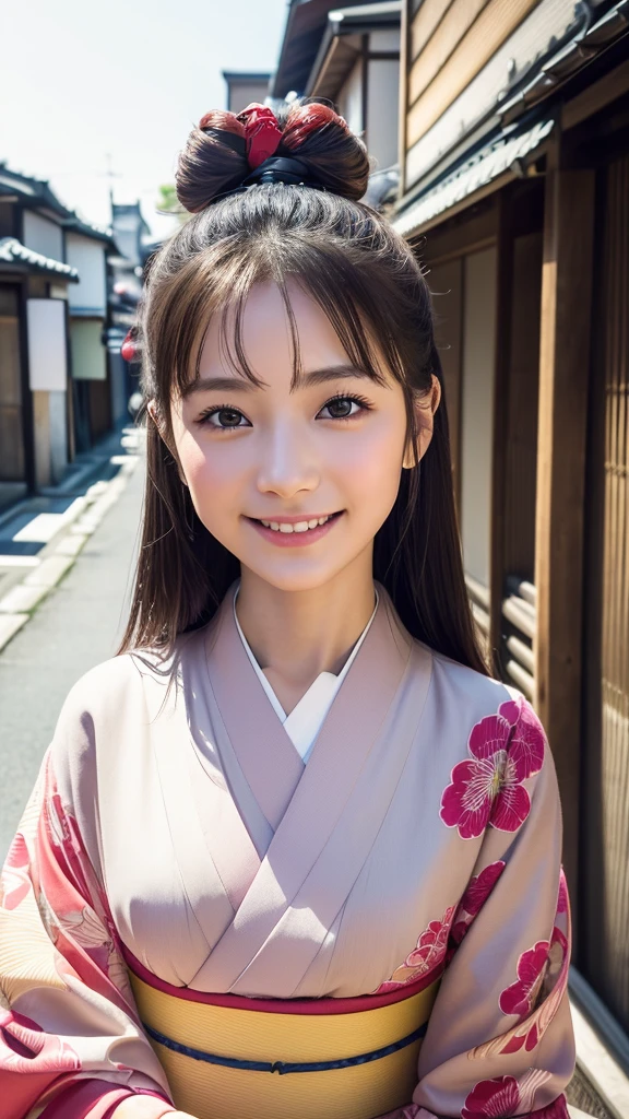 professional lighting,(Photoreal:1.4), (Top image quality:1.0), (超A high resolution:1.0), 8k, Raw photography, (masterpiece:0.2), (Face the children_v1:0.5)、(highest quality Detail:1.2)、realistic、8k uh、High resolution、(1 girl:1.2)、Super detailed、High quality textures、intricate details、detailed、Very detailed CG、High quality shadows、detailed Beautiful and delicate face、Beautiful details and delicate eyes、(symmetrical eyes:1.2),Depth of the bounds written、ray tracing,1 girl, japanese girl, (natural smile:1.4),cute, thin, Portrait of a beautiful Japanese woman wearing a kimono, Standing elegantly on a street corner in Kyoto. Brilliant kimono with traditional patterns, Hair decorated with an elegant and delicate hairpin, and a gentle expression. (Against the backdrop of the old streets of Kyoto:1.4)、soft light on a spring afternoon、adds tranquility to the scene. Rendered in a realistic style with great attention to detail, High resolution images.sky porn, magic hour, (realistic:1.3), finely, quality, (table top:1.2), (realistic:1.2), (highest quality), (Complex details), dramatic, ray tracing, photograph, +roller, colorful、Brilliant、the best beauty