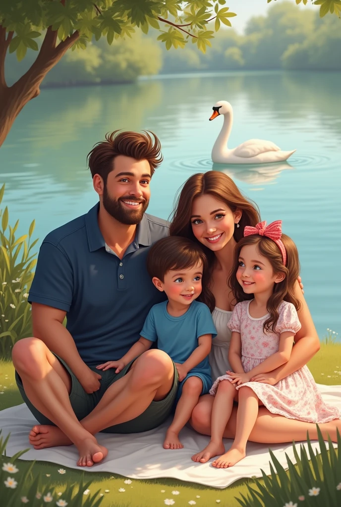 A family of four sits together on a picnic blanket by a tranquil lake. The man, with light blue eyes, brown hair, and muscular arms, wears a dark blue polo shirt and smiles warmly. Next to him, the woman, with long dark brown wavy hair and brown eyes, dons a white dress with a delicate floral print and puff sleeves. Their young son, in a blue t-shirt, and their daughter, in a pink frock with shoulder-length hair and a pink bow band, are playfully engaged in the picnic. They all smile happily as a graceful swan glides by on the lake, adding to the idyllic atmosphere.