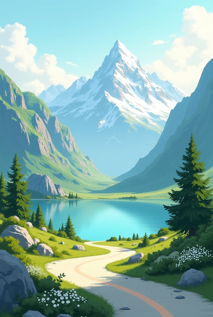 Road landscape with mountain and lake drawing