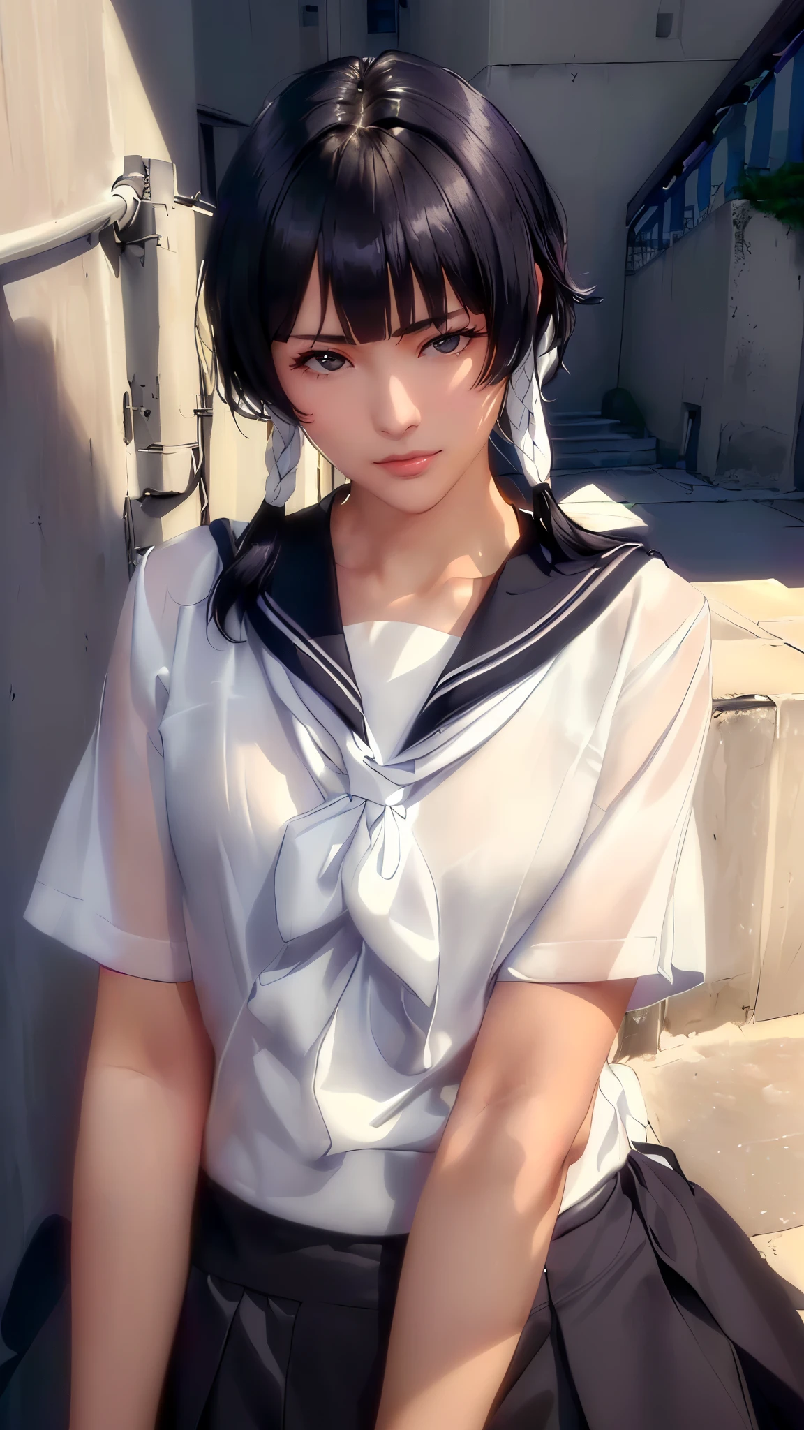 (（（Perfect body,White and tender skin,（（（JK_style，short-sleeved JK_shirt，short-sleeved JK_sailor，JK_suit，JK_tie ）））,（（（sui-feng, short hair, short hair with long locks，Black hair））），((masterpiece)),high resolution, ((Best quality at best)),masterpiece,quality,Best quality,（（（ Exquisite facial features,Looking at the audience,There is light in the eyes,Smile））），）））,（（（Light and shadow,Small chest，）））,（（（Looking at the camera,black background,)））),