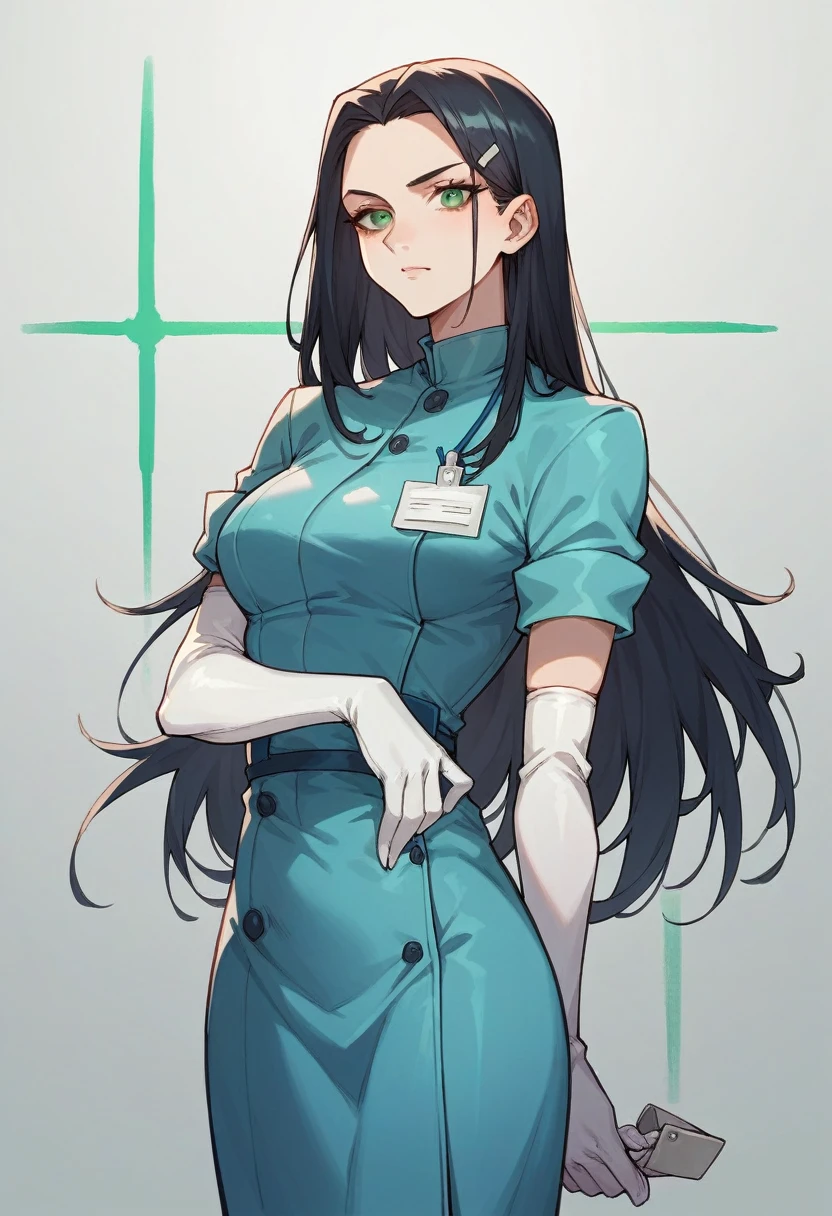 1younggirl, black long hair, green eyes, ((white elbow gloves)), ((surgical gloves)), ((latex gloves)), ((long sleeves)) ((blue surgeon outfit)), (doctor coat), looking at viewer with a kind face, ((surgeon girl)), standing, solo