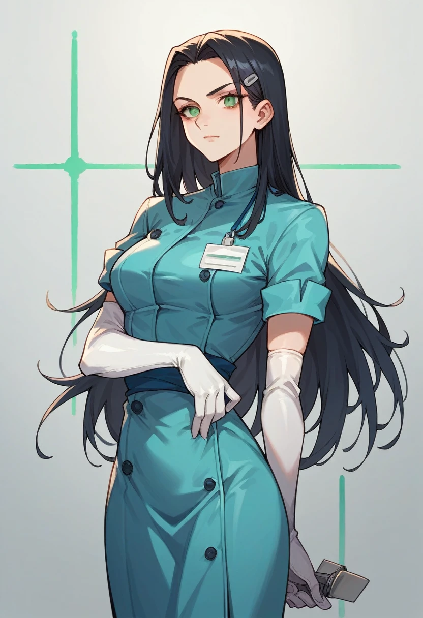 1younggirl, black long hair, green eyes, ((white elbow gloves)), ((surgical gloves)), ((latex gloves)), ((long sleeves)) ((blue surgeon outfit)), (doctor coat), looking at viewer with a kind face, ((surgeon girl)), standing, solo