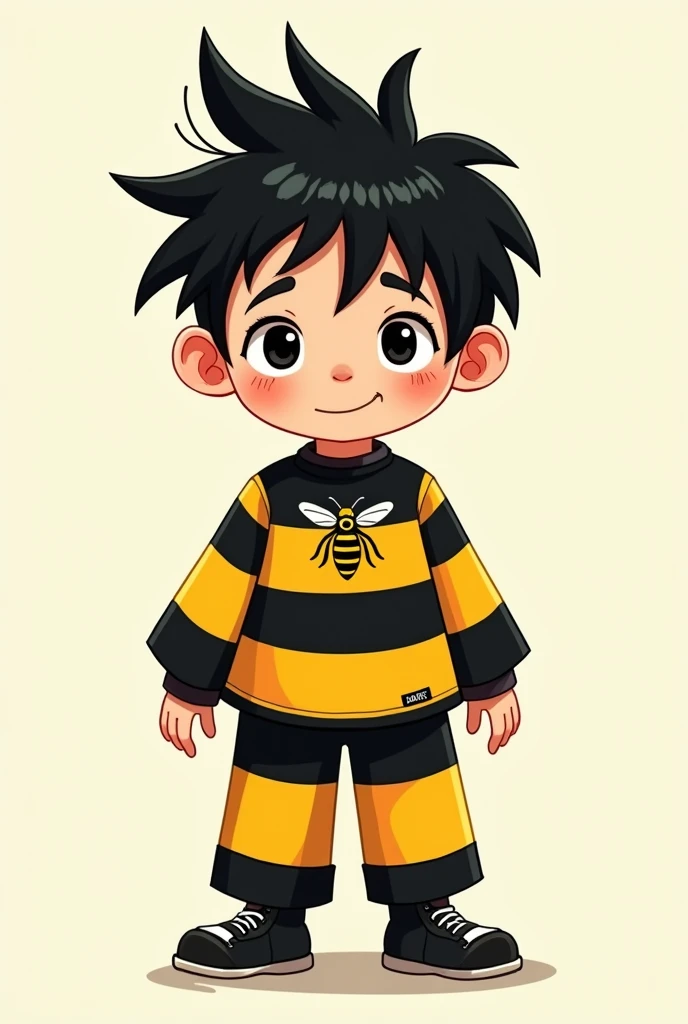 A boy with long, straight hair sticking up in a black and yellow striped outfit with a tiny bee design in the middle of the shirt 