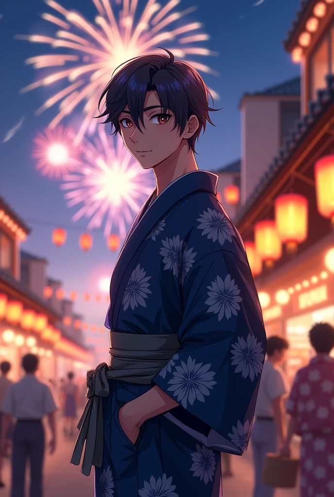 Summer festival, navy blue yukata, fireworks, young man, anime, shadow, delicate touch