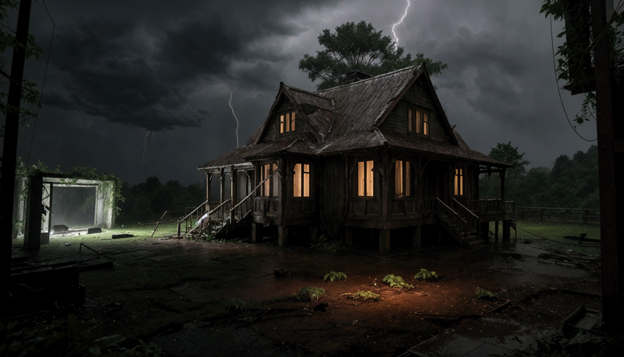 On a stormy night, a torrential downpour engulfs an old, isolated house nestled deep within a shadowy forest. The rain cascades heavily from the darkened sky, drumming relentlessly against the roof and windows, creating a rhythmic symphony that drowns out all other sounds. The house, weathered and forlorn, stands illuminated only by the sporadic flashes of lightning that briefly reveal its crumbling facade and overgrown surroundings. Inside, the dim glow of a sin