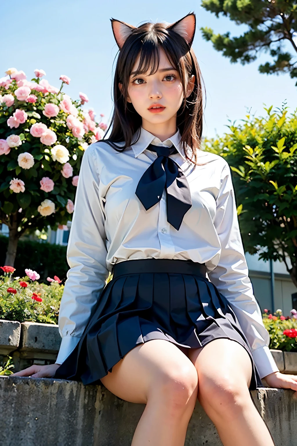 Masterpiece, bokeh, (Beautiful face), (Detailed face), (Japanese idle), (School uniform:1.3), (Pleated skirt:1.3), (Blushed face:1.3), (Plump breast:1.2), (Sitting in colourful flower garden:1.5), (Cat ears:1.3), (From below:1.5), (Flower background)