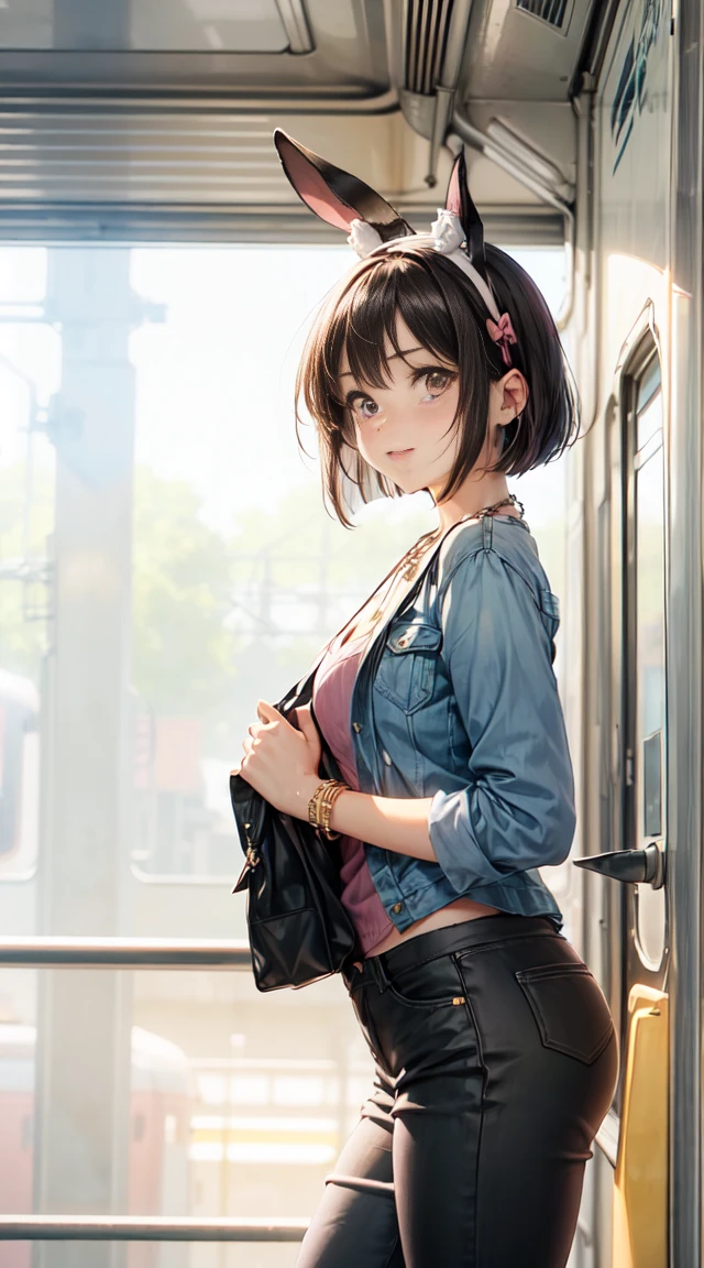 (8k, RAW photo, best quality, masterpiece, highres, absurdres, ultra detailed:1.3), (Photography, realistic, photo-realistic:1.4), (beautiful natural lighting, beautiful deatailed shadow, beautiful detailed glow :1.4), atmospheric,
BREAK 1 beautiful horny girl,alone,(cute:1.5),(Chibi:0.8),(kawaii1.5),(:0.9),(horny girl, cute, full of energy, change face,slightly swollen chest),(black hair, messy short bob, story me, pink eyes:1.55 ),(full of energy, goofy smile, bad face:1.2),(white bunny ears headband:1.2),(Fun and Innocent Look,blush:1.45), //Character
//Character
1girl,
(The train to the moon leaves tonight, girl boarding the train,: 1.4),
Navajo-Inspired Casual Chic,
Opt for a cozy Navajo or geometric print sweater, pairing it with jeans or leggings for a casual and comfortable look,
BREAK
Accessorize with bold turquoise jewelry, including a statement necklace and chunky bracelets, reflecting traditional Native American adornments,
BREAK
Layer the outfit with a denim jacket featuring intricate beadwork or embroidery, blending casual and indigenous elements,
BREAK
Wear moccasin-inspired flats or loafers, providing a subtle nod to Native American footwear styles,
BREAK
Carry a woven tote bag with tribal patterns, adding a functional yet stylish accessory to the ensemble,
BREAK High Detail, Vivid Colors, Animated Style, Summer Theme,Splash Effect, Sunlight Highlights on Skin,
BREAK wakame,wakame,wakame,(cowboy shot,from side:1.4) BREAK manga illustration.media,manga style,(ultra rich intricately proper sketch+pastel+airbrush+colored pencil:1.1),(ultra highres composition details:1.2),(water color:1.45),