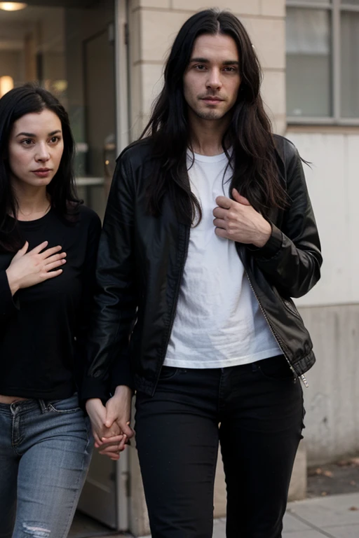 Handsome thin White man, 38 years old, goth long black hair, muscular lean body, deep gray eyes, wearing a black jacket, black shirt and black jeans, holding hands with shorter girlfriend