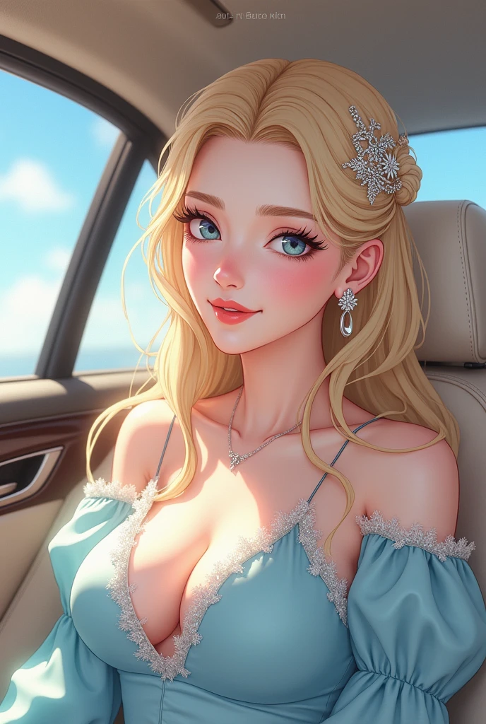 anime of a woman who has a body as white as snow, her name is Chalista, she has a smooth and beautiful face, have a mole on the right cheek, wearing a beautiful and luxurious light blue dress, she smiled beautifully and had charming eyes and a sharp nose and pink cheeks and pink lips, blonde hair, using luxurious hair accessories and curly eyelashes and thick eyebrows and while riding in a luxury car