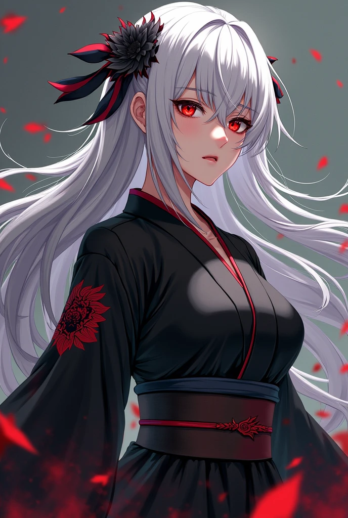 create me an original character from demony slayer, in the art style of demon slayer (description: female hashira, long white straight hair with black highlights, crimson red sharp eyes, wearing a black kimono, beautiful)