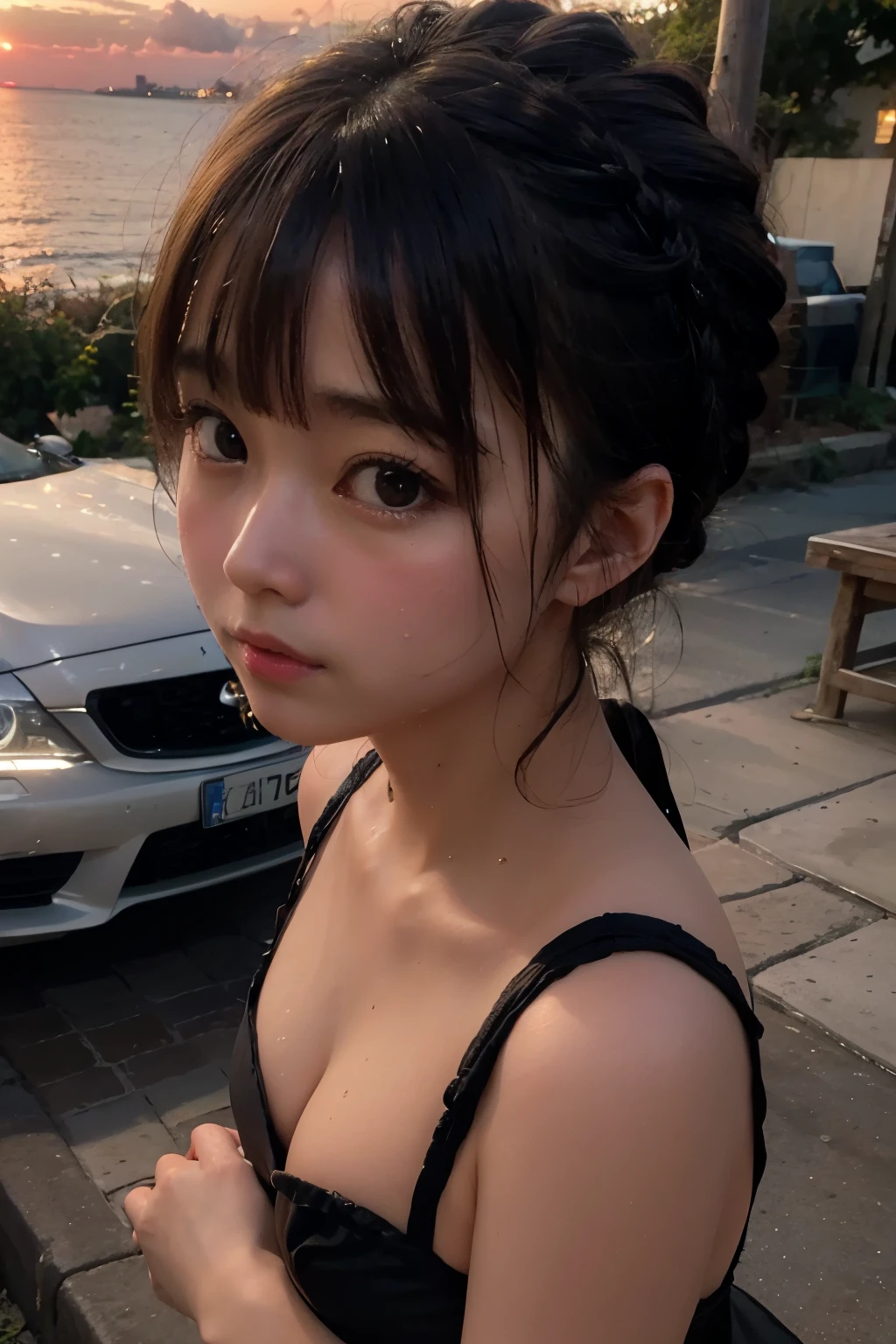8k, RAW Photo, Best Quality, Masterpiece, Realistic, PhotoRealistic, Extremely Detailed 8k Wallpaper, Beautifully Detailed Eyes, Finely Detailed Face, 
 BREAK 
Cinematic Lighting, Rim Lighting, 
 BREAK 
(End of Summer, Light Purple Dusk, (Seascape:1.1, Beach:1.1), 1 Girl is Dancing Alone, 
(1 Coupe Car is Parking Over There:1.4, Portable Radio Set:1.4)), 
Perfectly Anatomically Correct:1.0, 5 Beautiful Thin Finger:1.0, 
 BREAK 
1 Girl, (Very Short Ponytail Hair), Kawaii, Japanese, [Wide-Set Eyes, Big Eyes, Almond-Shaped Eyes, tareme, Double Eyelids, Eye Bags, White Skinned, Blush, Embarrassed, 19-Year-Old, 
Round Face, Chiseled Face, Round Chin, Thin Lips, Small Nose, Oval-shaped Face, 
Wet Hair, Messy Hair, Brown Hair, Open Mouse Slightly, [Pouted Cheek]], 
Melancholy, (Tears), 
Wearing Black One-piece Swimsuit, 
Looking Down Viewer, 
(Beautiful Spherical Shape Buttocks), Medium Buttocks Upturned, Upward Facing Small Breasts, Skindantation, 
 BREAK 
SFW:1.0, 
 BREAK 
Buttocks Focus, Wide Shot:1.1, Long Shot:1.0, Ground-Level Shot:1.0, (Soft Saturation, Soft contrast), bokeh:1.2