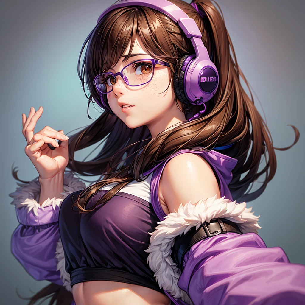 Draw a girl, Brown eyes, with glasses, long brown hair, chubby with freckles, with purple gamer headphones, with a lot of bust with provocative clothes, purple background, that can be seen from the bust up