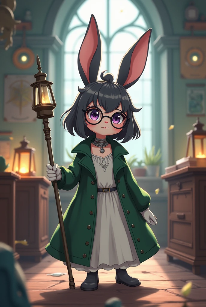 A fantasy, anime styled picture of a smaller rabbit woman with dark grey fur wearing a long moss green trenchcoat with a white dress underneath. She is standing in a magical classroom, holding a metal staff with a lantern at the end. She has large, circular, thick rimmed glasses and a silver choker, as well as loose white gloves that end just after her wrists. She has deep purple eyes.