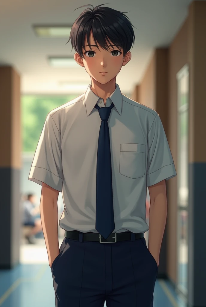 A male high school student, wearing uniform, whilst facing in front