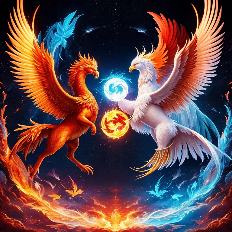 a majestic phoenix with fiery wings, shimmering ice kitsune, detailed intricate feathers, ethereal glowing spirit animals, dynamic flowing movement, magical fantasy, vibrant colors, dramatic lighting, cinematic composition, award-winning digital art, hyper detailed, 8k, photorealistic , yin-yang