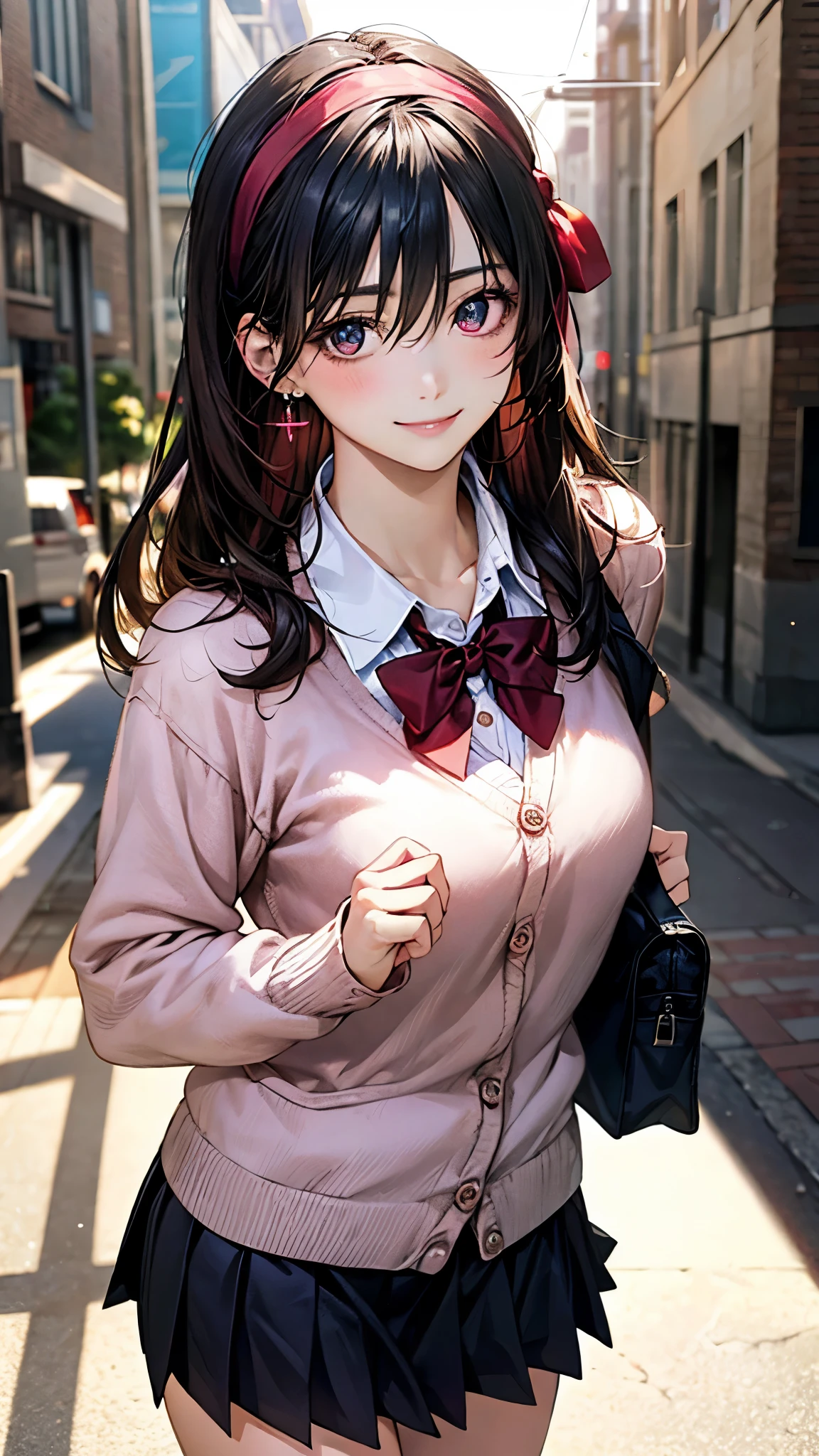 (masterpiece:1.2, highest quality), (realistic photo:1.4), beautiful illustrations, (natural side lighting, movie lighting), 
looking at the viewer, 1 girl, japanese, high school girl, perfect face, cute symmetrical face, shiny skin, baby face, 
(long hair, straight hair, black hair), hair between eyes, maroon eye idol chest, seductive thighs, big ass), earrings, break (dark red hairband, dark red flat bow tie), break
beautiful hair, beautiful face, detailed and beautiful eyes, beautiful clavicle, beautiful body, beautiful breasts, beautiful thighs, beautiful feet, beautiful fingers, slender, 
(white collared shirt, long sleeve pink knit cardigan, black pleated mini skirt), break navy school bag, 
(beautiful scenery), evening, (downtown:1.2), walking, (cute smile, upper eye), 