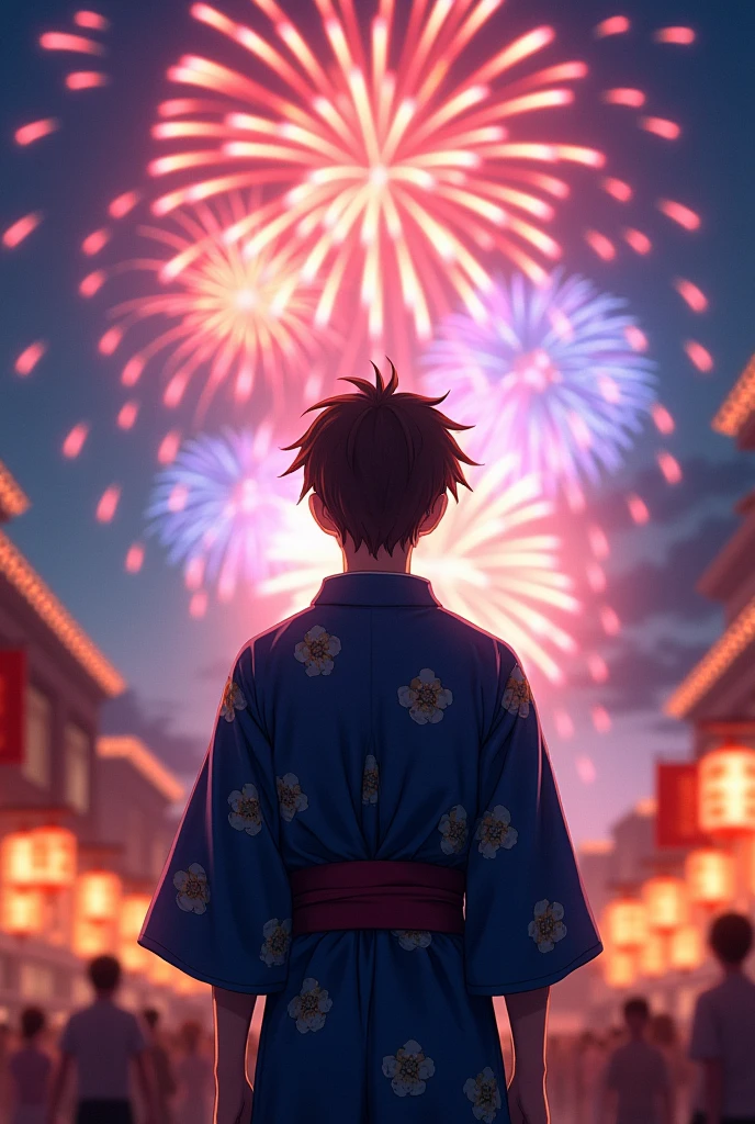 Summer festival, navy blue yukata, fireworks, young man, anime, realistic, back view