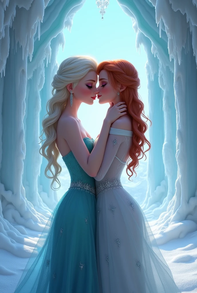 Naked Princess Elsa and naked Anna kiss in the ice castle