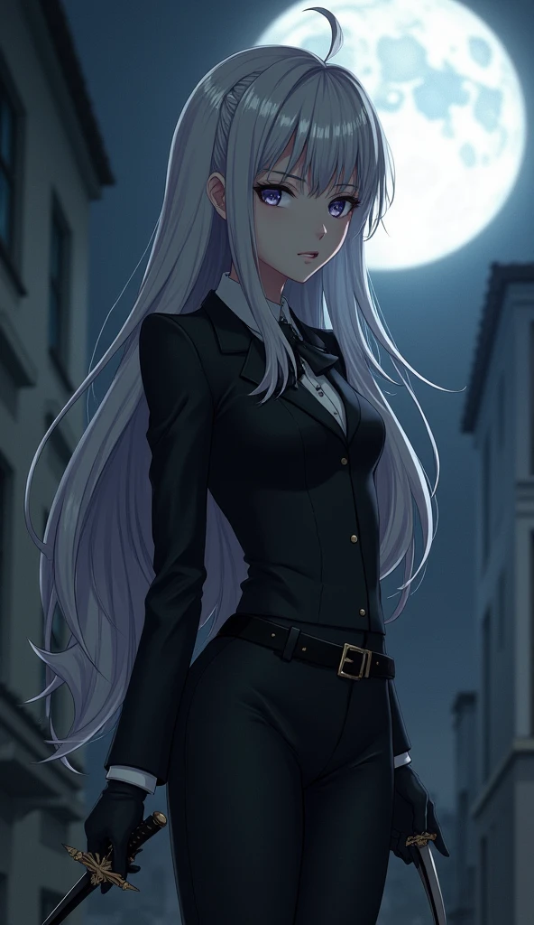 Assassin anime girl, silver hair, wearing a black suit, holding a dagger, shadows and moonlight.