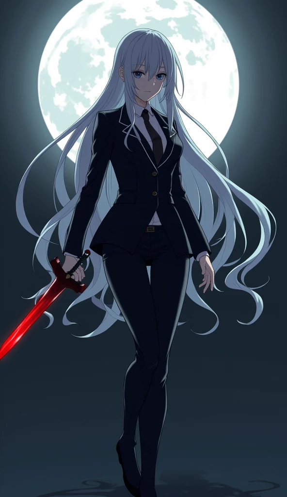 Assassin anime girl, silver hair, wearing a black suit, holding a dagger, shadows and moonlight.