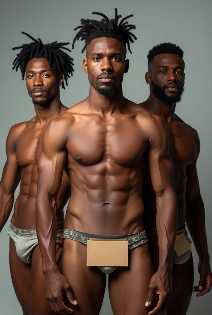 Three attractive muscular men from Jamaica, completely naked, facing forward, full body, covering their penises with a piece of cardboard, without covering the rest of their muscular torsos