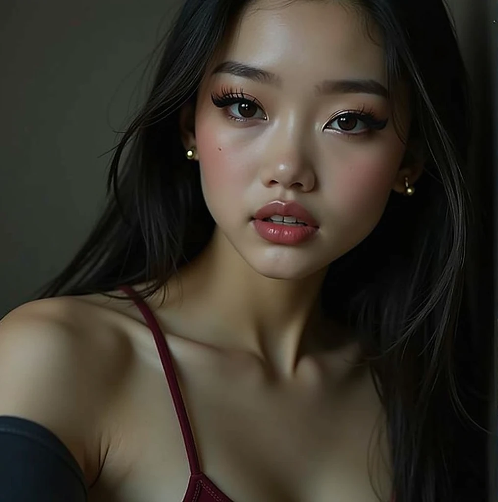 A young 19-year-old woman named Lila Nakamura with a Latin American heritage. She has thick dark black eyeliner, glossy lips, and a cute, endearing expression. She has straight, black/brown hair with black highlights that falls just past her shoulders, styled in a neat and polished manner. Her eyes are almond-shaped with a light, striking brown color, accentuated by attractive eyeshadow and mascara. Her skin has a light tone with a natural, fresh look, and she has a no freckles across her nose. She is wearing a simple, red sports bra and dark yoga pants, and accessorized with small gold hoop earrings. The background is a neutral studio setting with soft lighting to highlight her features. Her boobies are large sized and her style is amazing
